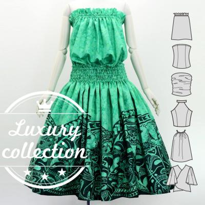 Hula Blouse & Pa'u Set-Up with Musical instrument & Kahiko Print / Luxury Collection / Light Green / J3166lgr