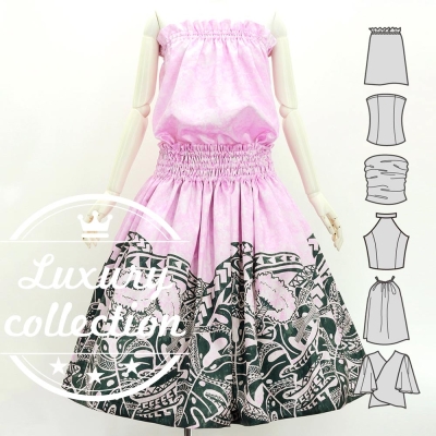 Hula Blouse & Pa'u Set-Up with Musical instrument & Kahiko Print / Luxury Collection / Pink / J3166pi
