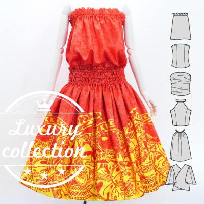 Hula Blouse & Pa'u Set-Up with Musical instrument & Kahiko Print / Luxury Collection / Red / J3166rd