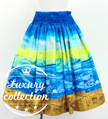 Hula Shantung Pa'u Skirt with Kahiko & Sea Print / Luxury Collection / J3167bl