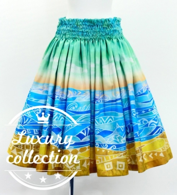 Hula Shantung Pa'u Skirt with Kahiko & Sea Print / Luxury Collection / J3167lbl