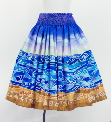 Hula Shantung Pa'u Skirt with Kahiko & Sea Print / Luxury Collection / J3167pu