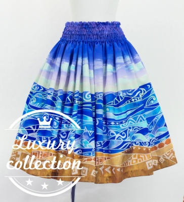 Hula Shantung Pa'u Skirt with Kahiko & Sea Print / Luxury Collection / J3167pu