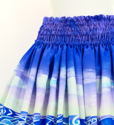 Hula Shantung Pa'u Skirt with Kahiko & Sea Print / Luxury Collection / J3167pu
