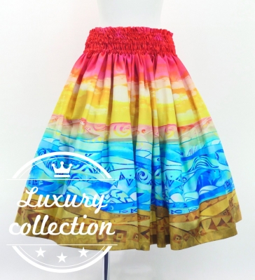 Hula Shantung Pa'u Skirt with Kahiko & Sea Print / Luxury Collection / J3167rd
