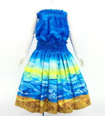 Hula Blouse & Pa'u Set-Up with Kahiko & Sea Print / Luxury Collection / J3168bl