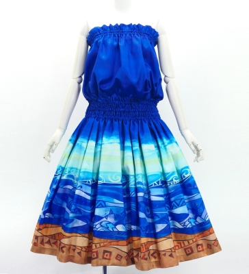 Hula Blouse & Pa'u Set-Up with Kahiko & Sea Print / Luxury Collection / J3168dbl