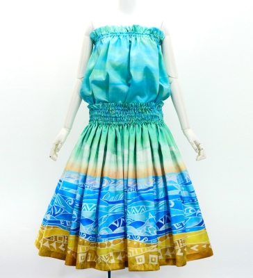 Hula Blouse & Pa'u Set-Up with Kahiko & Sea Print / Luxury Collection / J3168lbl