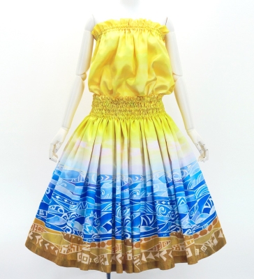 Hula Blouse & Pa'u Set-Up with Kahiko & Sea Print / Luxury Collection / J3168ye