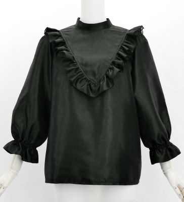Hula Yoke Frill Blouse with Shantung / Black / J3169bk
