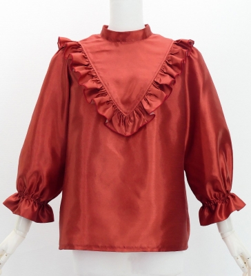 Hula Yoke Frill Blouse with Shantung / Dark Red 2 / J3169drd2