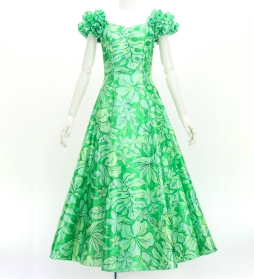 Hula Long Dress with Hawaiian Flower Print / Luxury Collection / Green / J3176gr