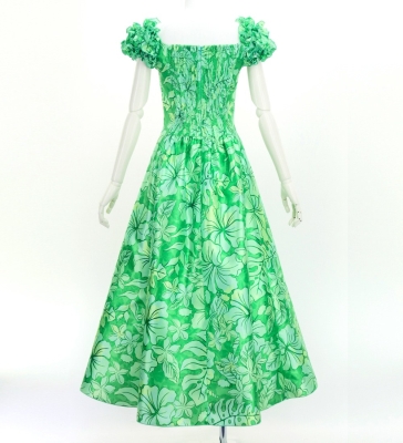 Hula Long Dress with Hawaiian Flower Print / Luxury Collection / Green / J3176gr