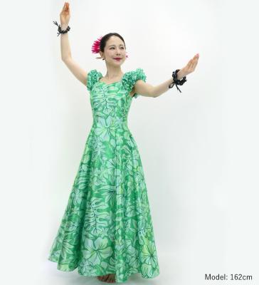 Hula Long Dress with Hawaiian Flower Print / Luxury Collection / Green / J3176gr