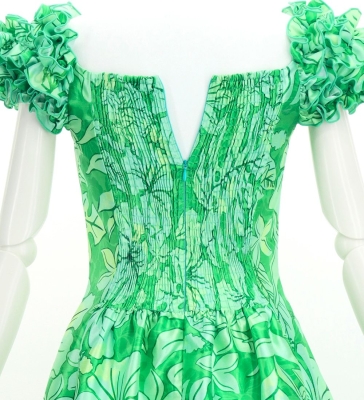 Hula Long Dress with Hawaiian Flower Print / Luxury Collection / Green / J3176gr