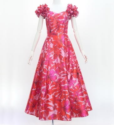 Hula Long Dress with Hawaiian Flower Print / Luxury Collection / Red / J3176rd