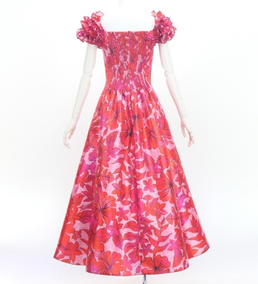 Hula Long Dress with Hawaiian Flower Print / Luxury Collection / Red / J3176rd