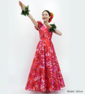 Hula Long Dress with Hawaiian Flower Print / Luxury Collection / Red / J3176rd
