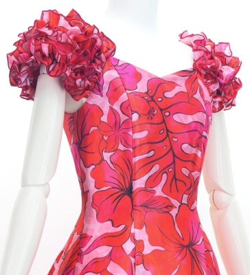 Hula Long Dress with Hawaiian Flower Print / Luxury Collection / Red / J3176rd