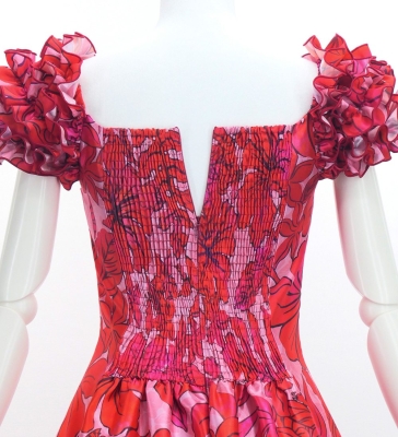 Hula Long Dress with Hawaiian Flower Print / Luxury Collection / Red / J3176rd
