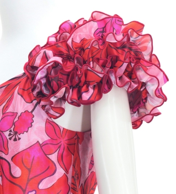 Hula Long Dress with Hawaiian Flower Print / Luxury Collection / Red / J3176rd