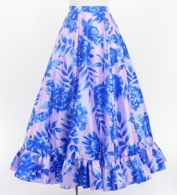 Hula Long Frill Shantung Circular Skirt with Protea Print / Pink & Blue / J3184