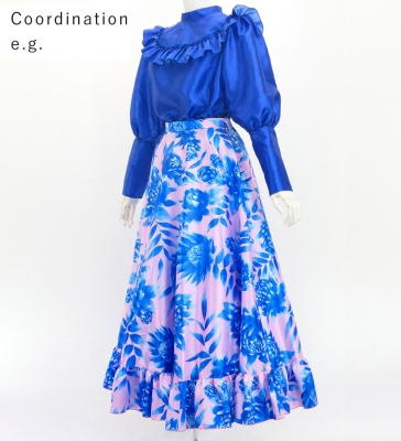 Hula Long Frill Shantung Circular Skirt with Protea Print / Pink & Blue / J3184