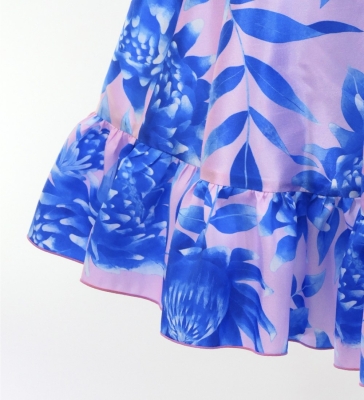 Hula Long Frill Shantung Circular Skirt with Protea Print / Pink & Blue / J3184