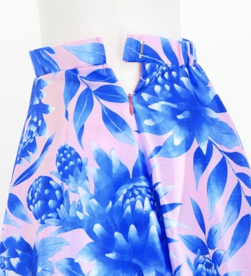 Hula Long Frill Shantung Circular Skirt with Protea Print / Pink & Blue / J3184