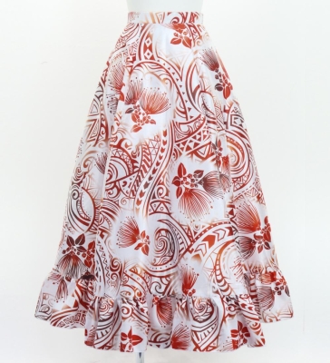 Hula Long Frill Shantung Circular Skirt with Lehua Print / White / J3185