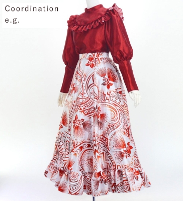 Hula Long Frill Shantung Circular Skirt with Lehua Print / White / J3185