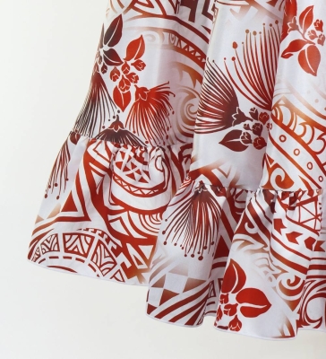 Hula Long Frill Shantung Circular Skirt with Lehua Print / White / J3185