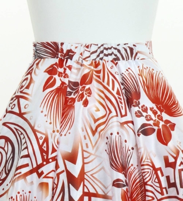 Hula Long Frill Shantung Circular Skirt with Lehua Print / White / J3185