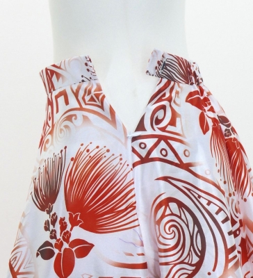 Hula Long Frill Shantung Circular Skirt with Lehua Print / White / J3185