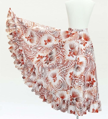 Hula Long Frill Shantung Circular Skirt with Lehua Print / White / J3185