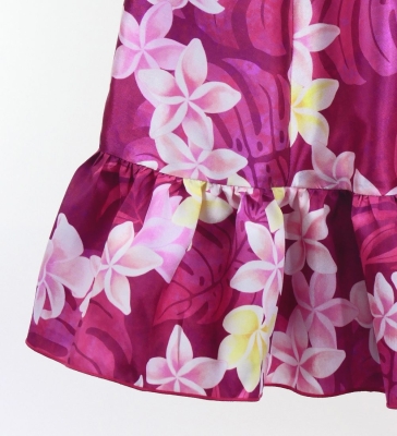 Hula Long Frill Shantung Circular Skirt with Plumeria Lei Print / Red Purple / J3186