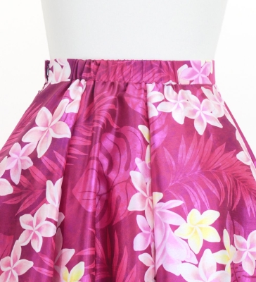 Hula Long Frill Shantung Circular Skirt with Plumeria Lei Print / Red Purple / J3186