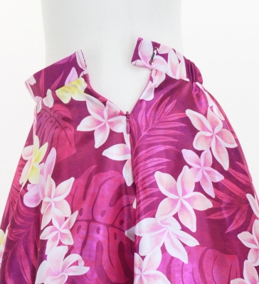 Hula Long Frill Shantung Circular Skirt with Plumeria Lei Print / Red Purple / J3186