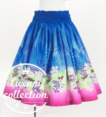 Hula Shantung Pa'u Skirt with Kukui Flower & Kukui Nut Lei Print / Luxury Collection / Blue / J3193bl