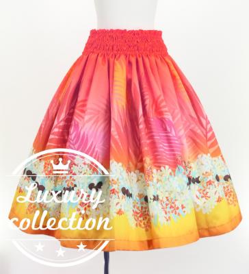 Hula Shantung Pa'u Skirt with Kukui Flower & Kukui Nut Lei Print / Luxury Collection / Red / J3193rd