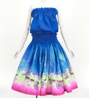 Hula Blouse & Pa'u Set-Up with Kukui Flower & Kukui Nut Lei Print / Luxury Collection / Blue / J3194bl