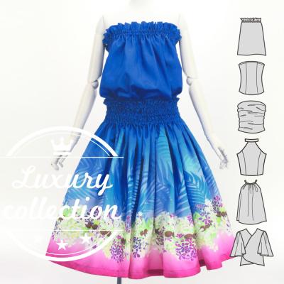 Hula Blouse & Pa'u Set-Up with Kukui Flower & Kukui Nut Lei Print / Luxury Collection / Blue / J3194bl