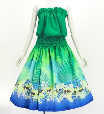 Hula Blouse & Pa'u Set-Up with Kukui Flower & Kukui Nut Lei Print / Luxury Collection / Green / J3194gr