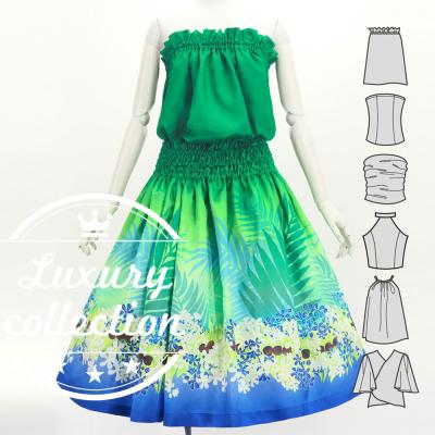 Hula Blouse & Pa'u Set-Up with Kukui Flower & Kukui Nut Lei Print / Luxury Collection / Green / J3194gr