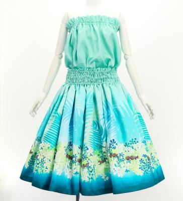 Hula Blouse & Pa'u Set-Up with Kukui Flower & Kukui Nut Lei Print / Luxury Collection / Light Blue / J3194lbl