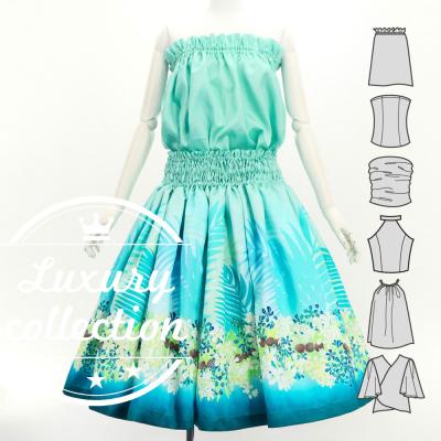 Hula Blouse & Pa'u Set-Up with Kukui Flower & Kukui Nut Lei Print / Luxury Collection / Light Blue / J3194lbl