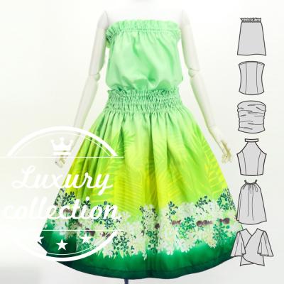 Hula Blouse & Pa'u Set-Up with Kukui Flower & Kukui Nut Lei Print / Luxury Collection / Light Green / J3194lgr