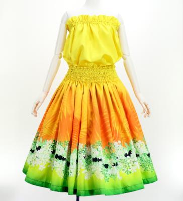 Hula Blouse & Pa'u Set-Up with Kukui Flower & Kukui Nut Lei Print / Luxury Collection / Orange / J3194or