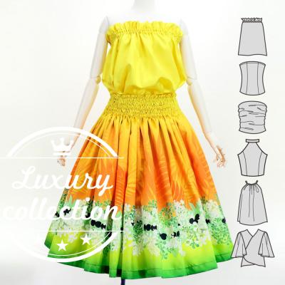 Hula Blouse & Pa'u Set-Up with Kukui Flower & Kukui Nut Lei Print / Luxury Collection / Orange / J3194or
