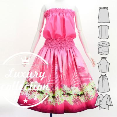 Hula Blouse & Pa'u Set-Up with Kukui Flower & Kukui Nut Lei Print / Luxury Collection / Pink / J3194pi